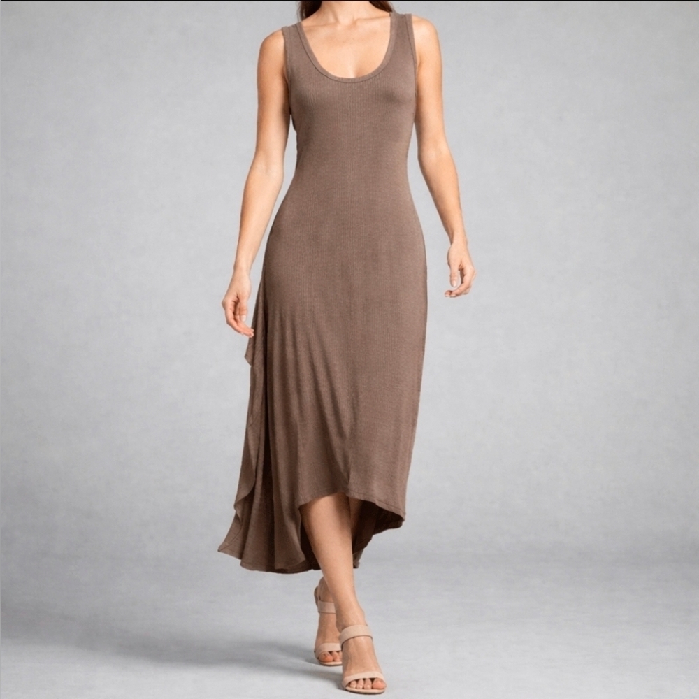 BCBGMaxAzria Asymmetrical Sleeveless Taupe Dress